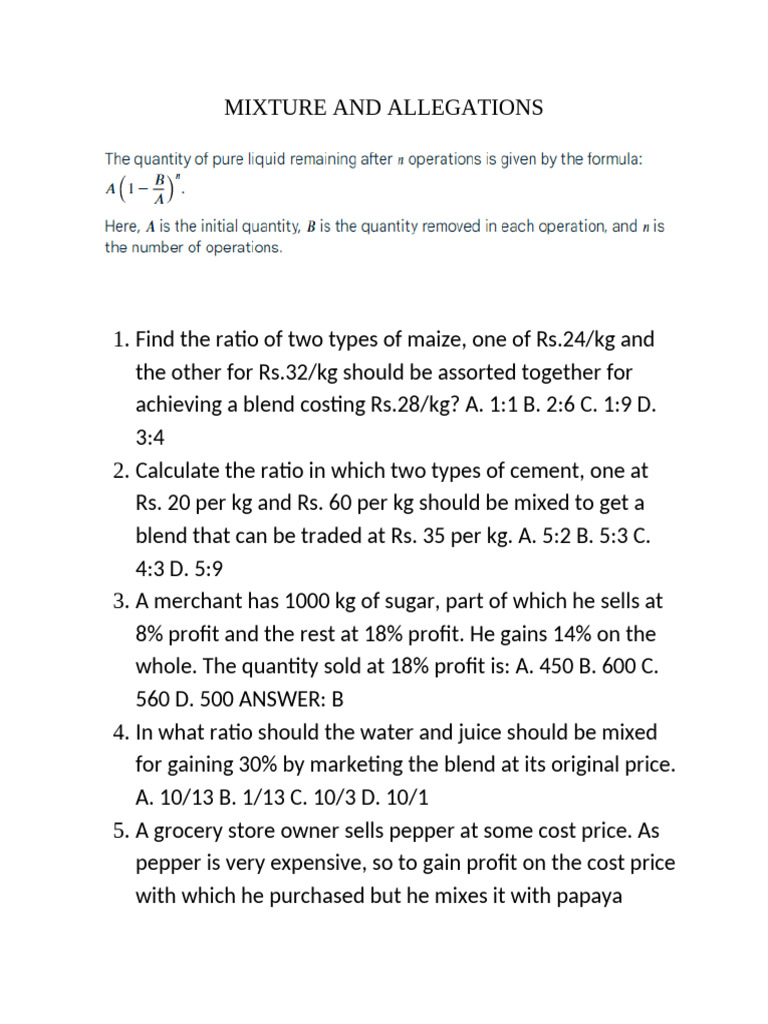 Mixture Problems and Solutions | PDF | Drink | Alcoholic Beverages