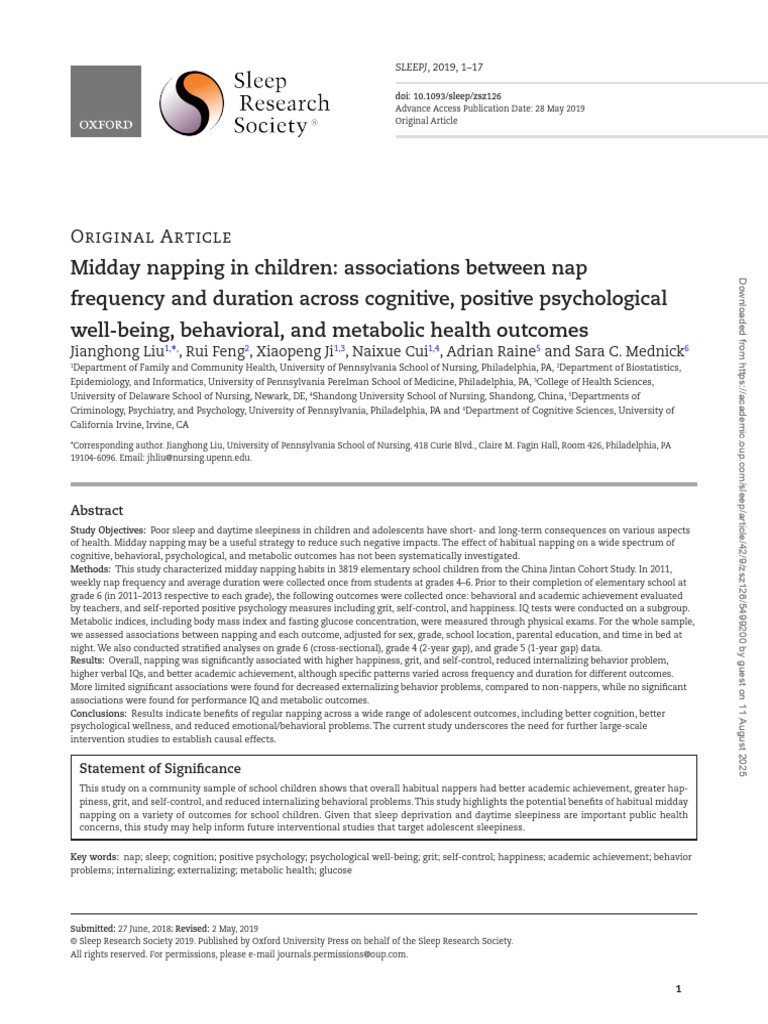 Midday Napping in Children: Associations Between Nap Frequency and ...