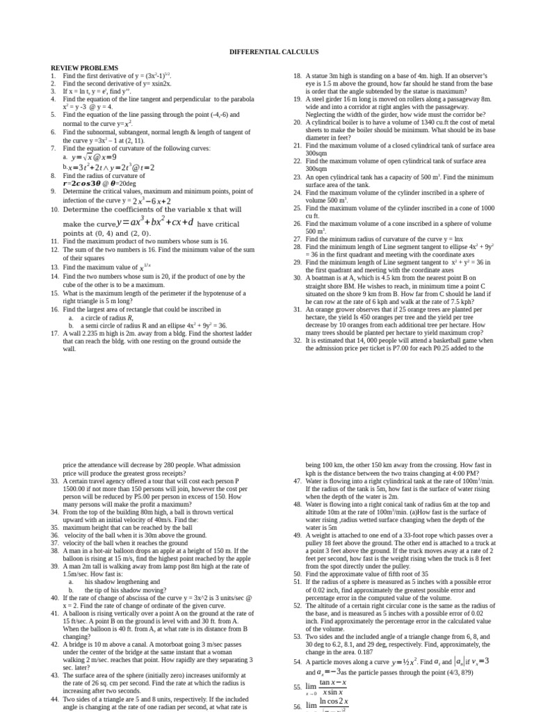 Diff Calc Rev Materials July 9 2025 1 | PDF | Area | Sphere