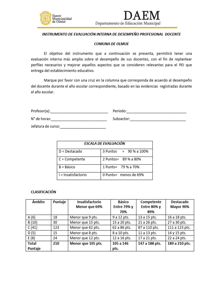 Evaluación del Desempeño Docente Olmué | PDF | Maestros | Aprendizaje