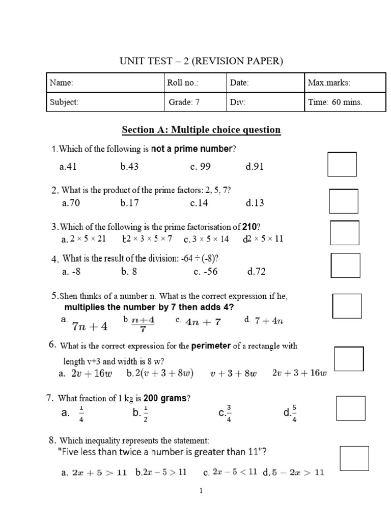 Grade 7 Unit Test Revision Paper | PDF | Prime Number | Number Theory