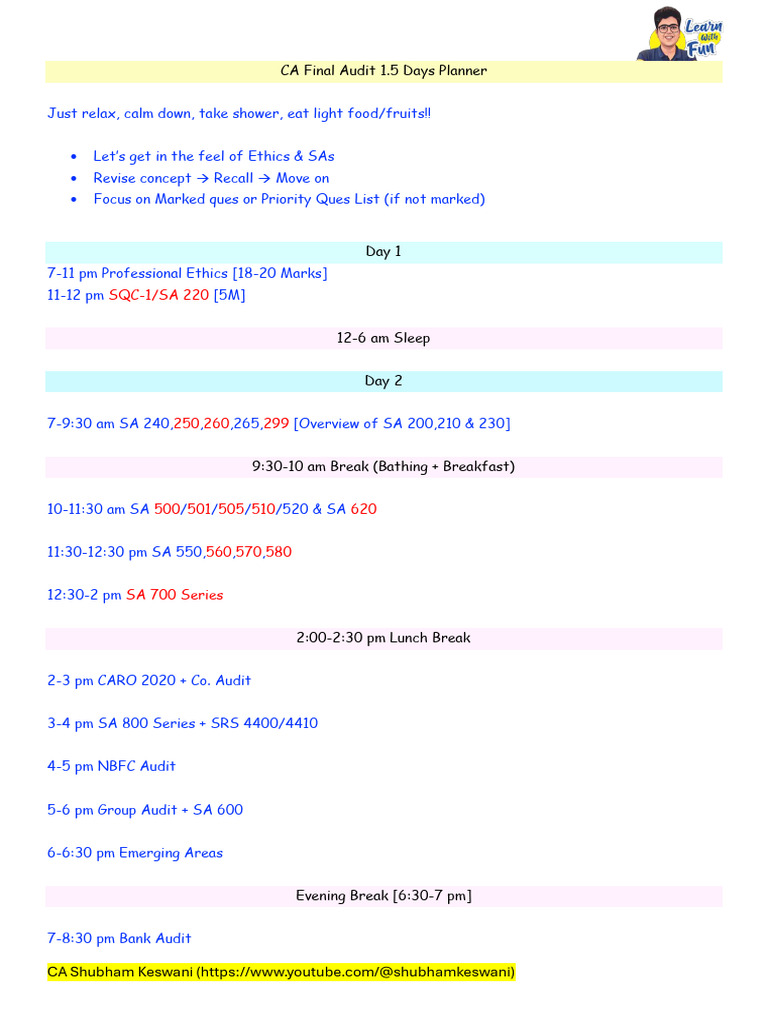 CA Final Audit 1.5 Days Study Plan | PDF | Accounting