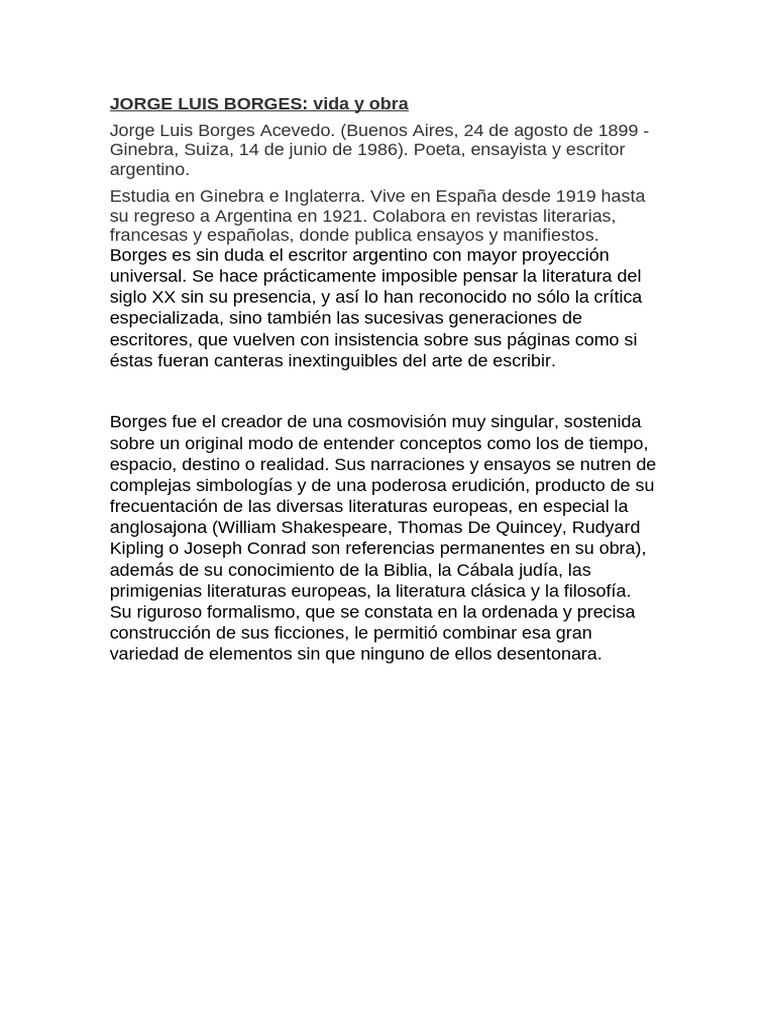 Vida y obra de Jorge Luis Borges | PDF