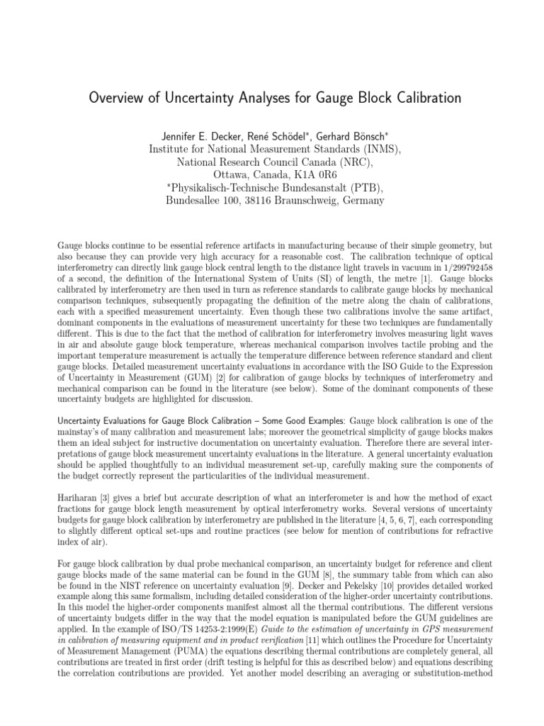 Overview of Uncertainty Analyses For Gauge Block Calibration | PDF ...