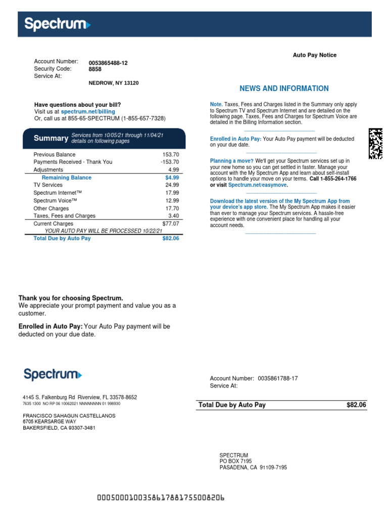 1 - Updated - 543083529 Spectrum Bill Monthly | PDF | Payments