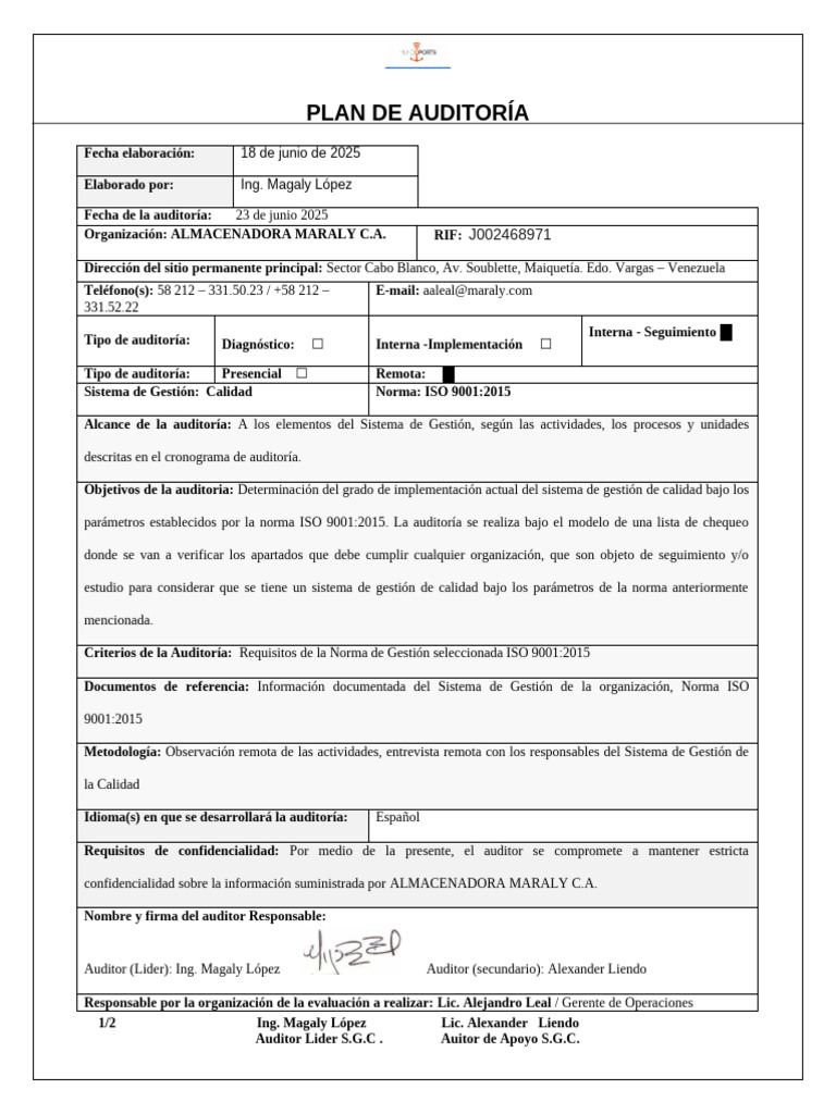 Plan de Auditoría ISO 9001:2015 Maraly | PDF | Sistema de manejo de ...