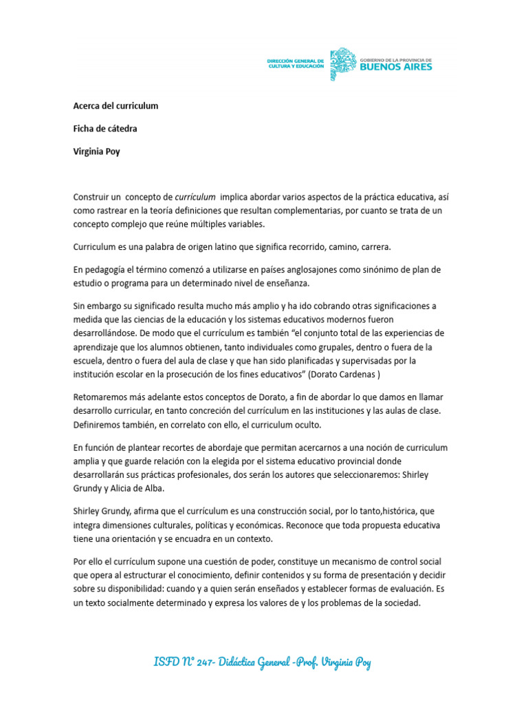 Acerca Del Curriculum Ficha de Catedra Virginia Poy | PDF | Plan de ...