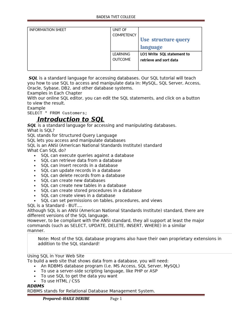 SQL Basics: Retrieve and Sort Data | PDF | Sql | Databases