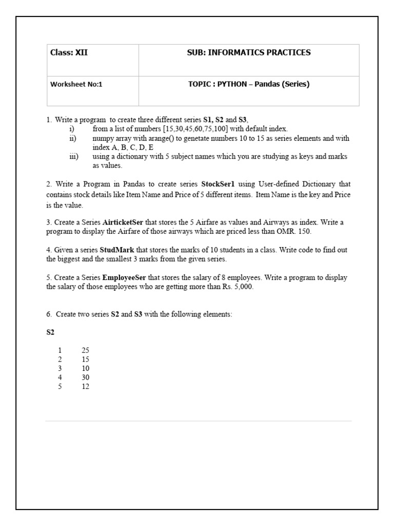 Python Pandas Series Worksheet XII | PDF