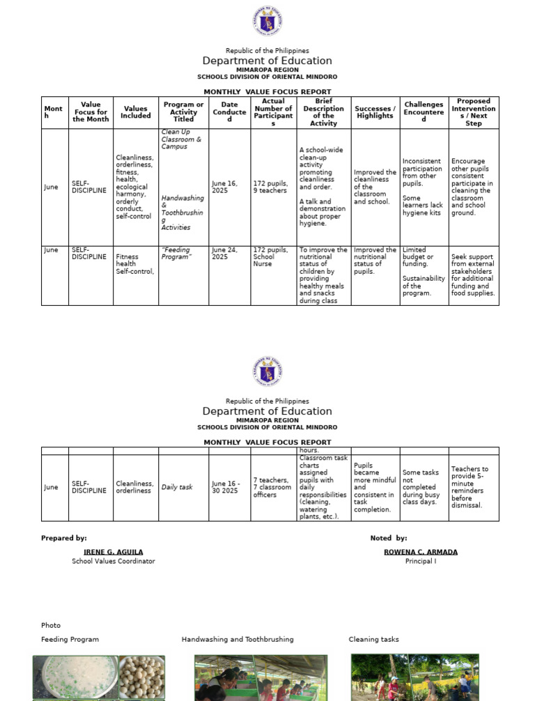 June Values Report Del Pilar Elementary School Annex | PDF