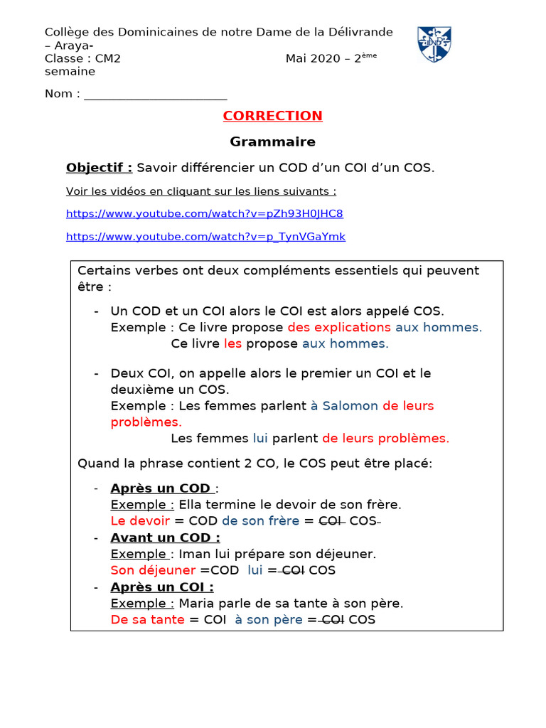 Différencier COD, COI et COS en français | PDF | Complément d'objet ...
