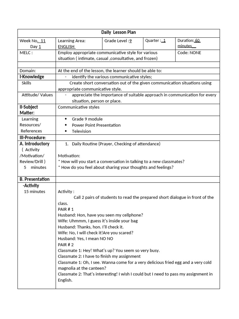 Grade 9 English Communicative Styles Lesson | PDF | Learning ...