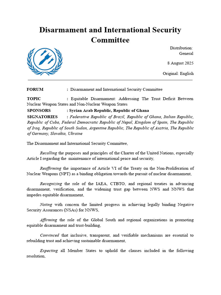 Draft Resolution 1.X DISEC MUN | PDF | Treaty On The Non Proliferation ...