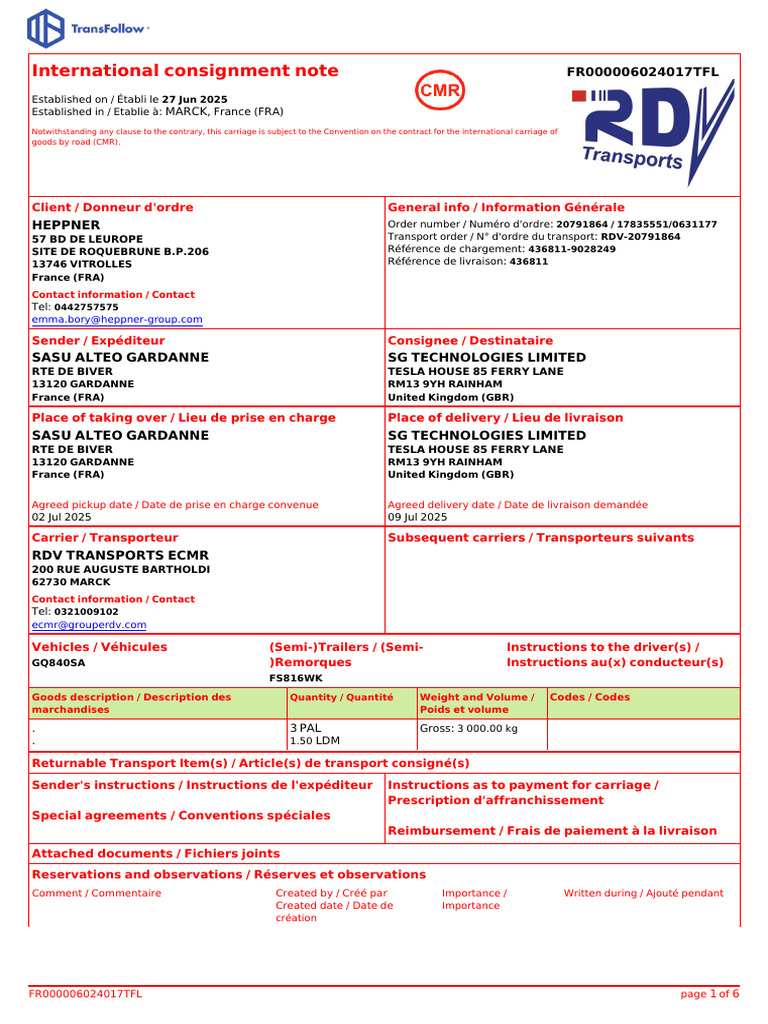 Note de transport international CMR | PDF