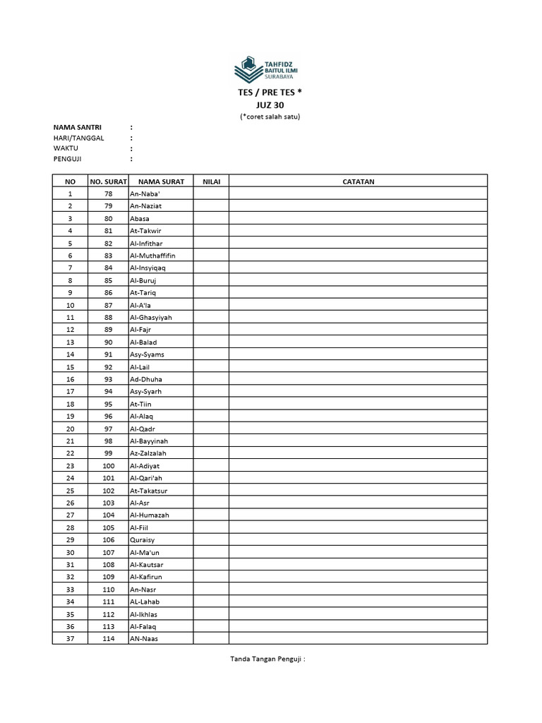 FORM TES Juz 30 | PDF