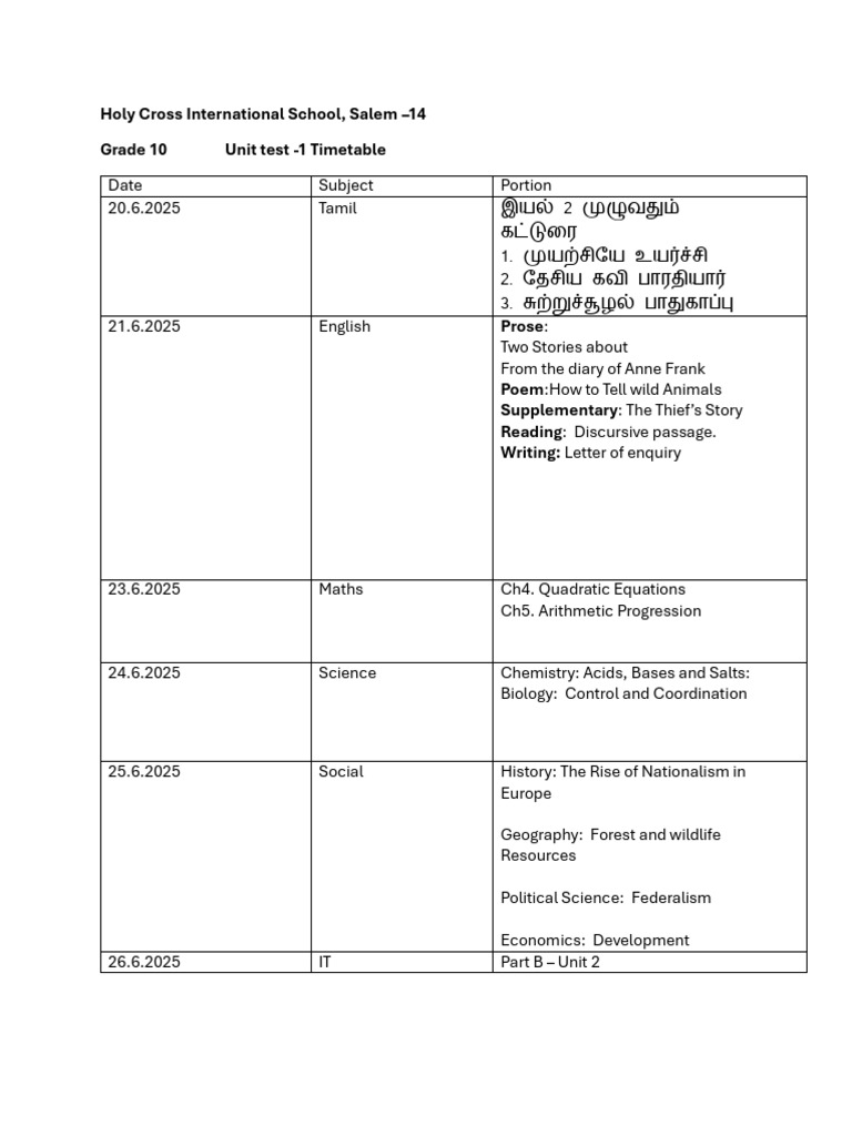 Grade 10 Unit Test 1 Time Table | PDF