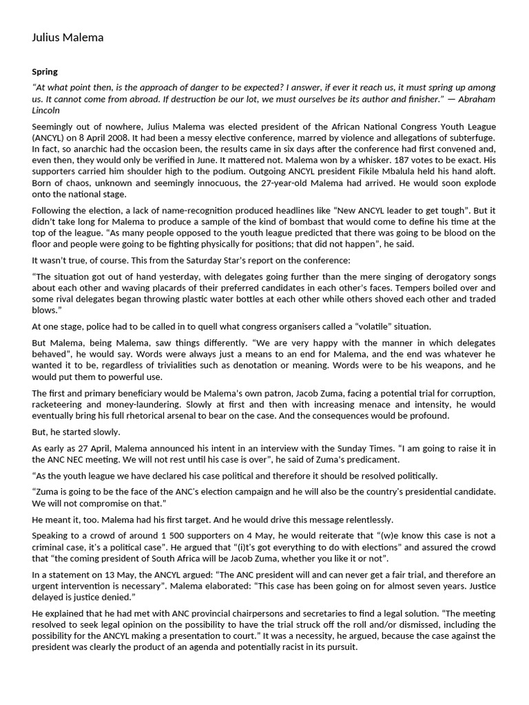 Malema's Rise and Rhetoric in ANC Youth League | PDF | Jacob Zuma ...