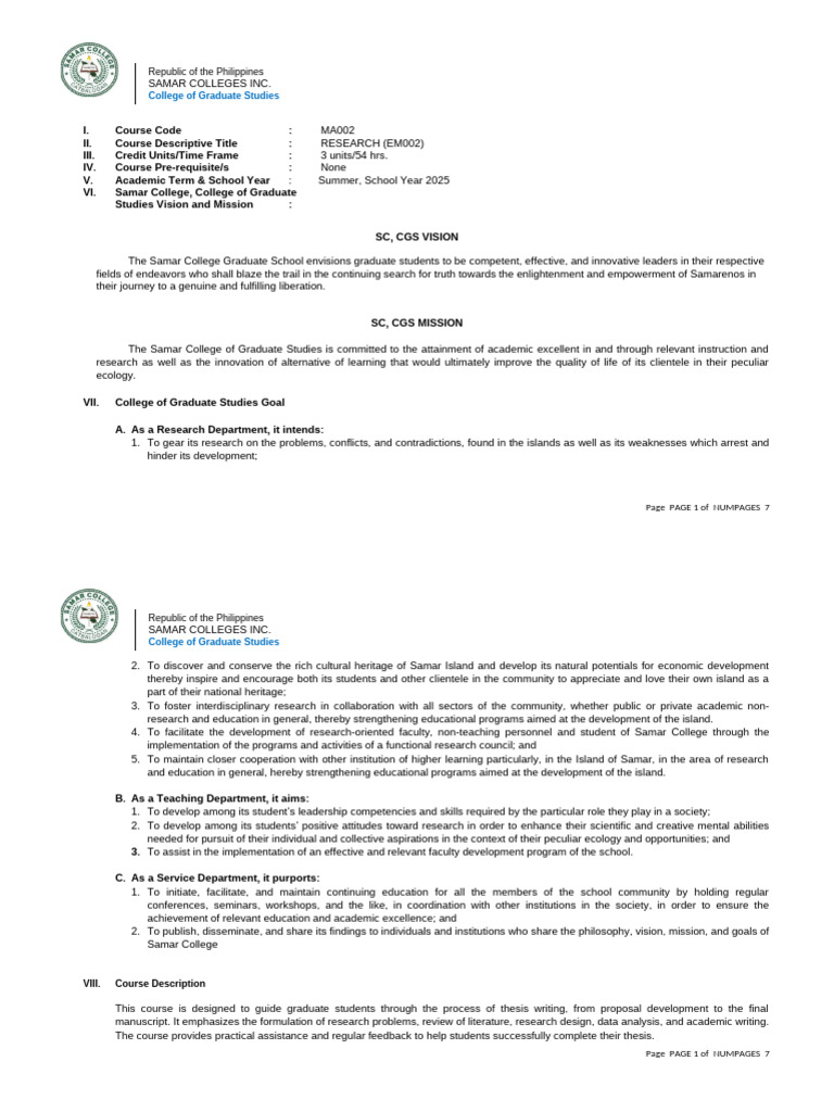 Graduate Research Course Overview | PDF | Thesis | Methodology