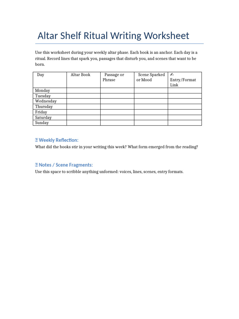 Altar Shelf Ritual Writing Worksheet | PDF