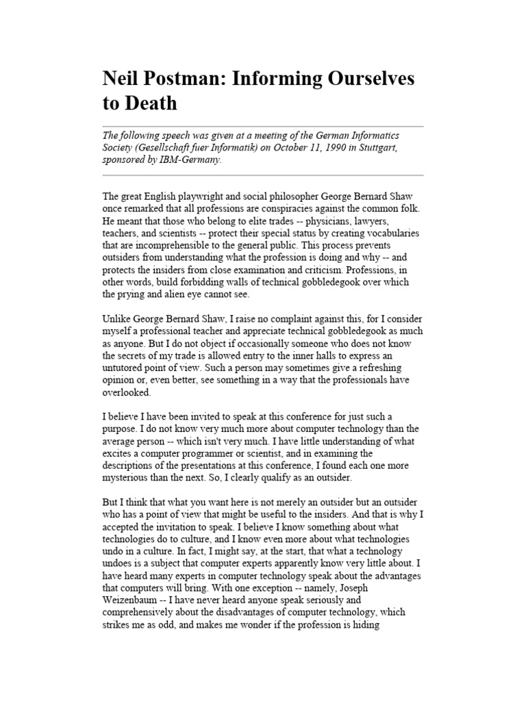 Neil Postman, Informing Ourselves | PDF | Reason | God