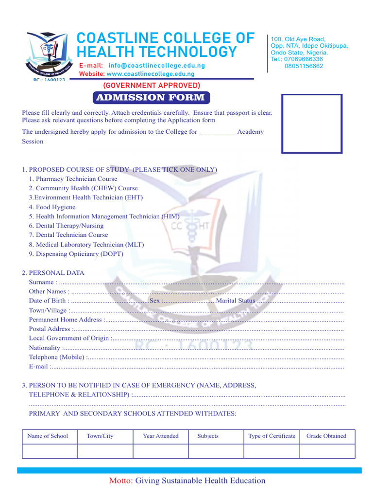 Coastline College of Health Technology Admission Form | PDF