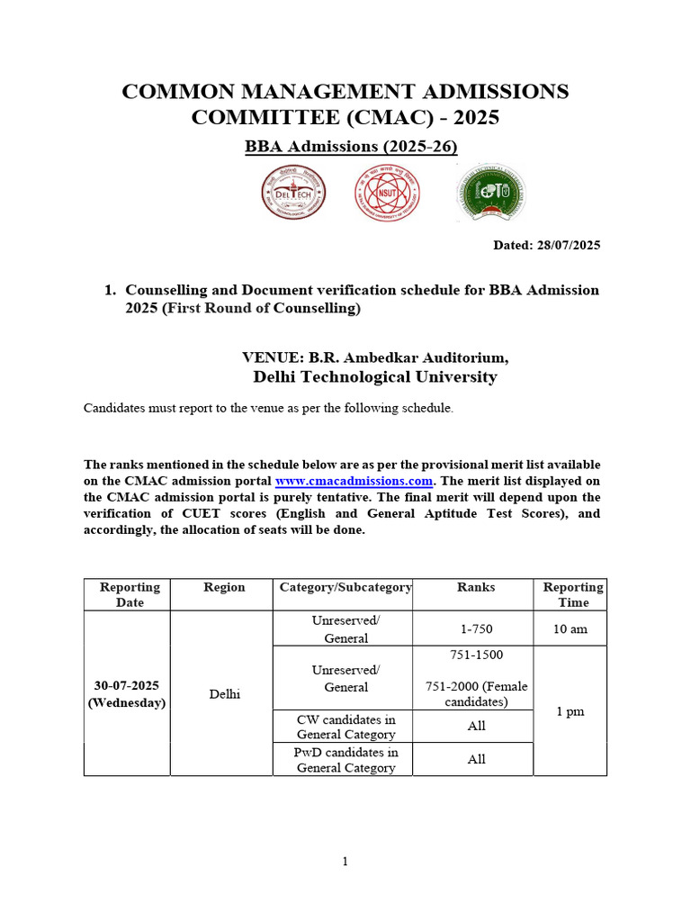 DTU BBA Admission Counselling 2025 | PDF | Payments