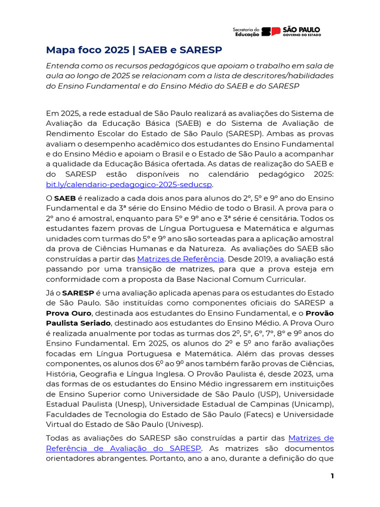 Mapa Foco 2025: SAEB e SARESP | PDF | Ondas | Magnetismo