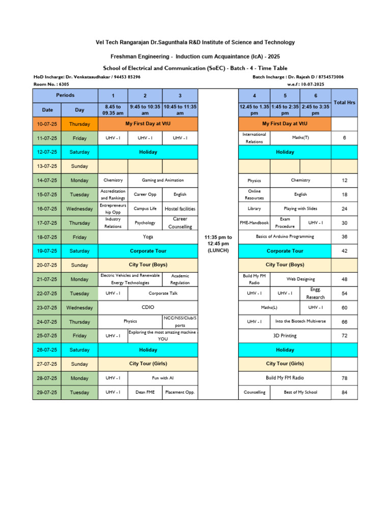 Freshman Induction Schedule 2025 | PDF
