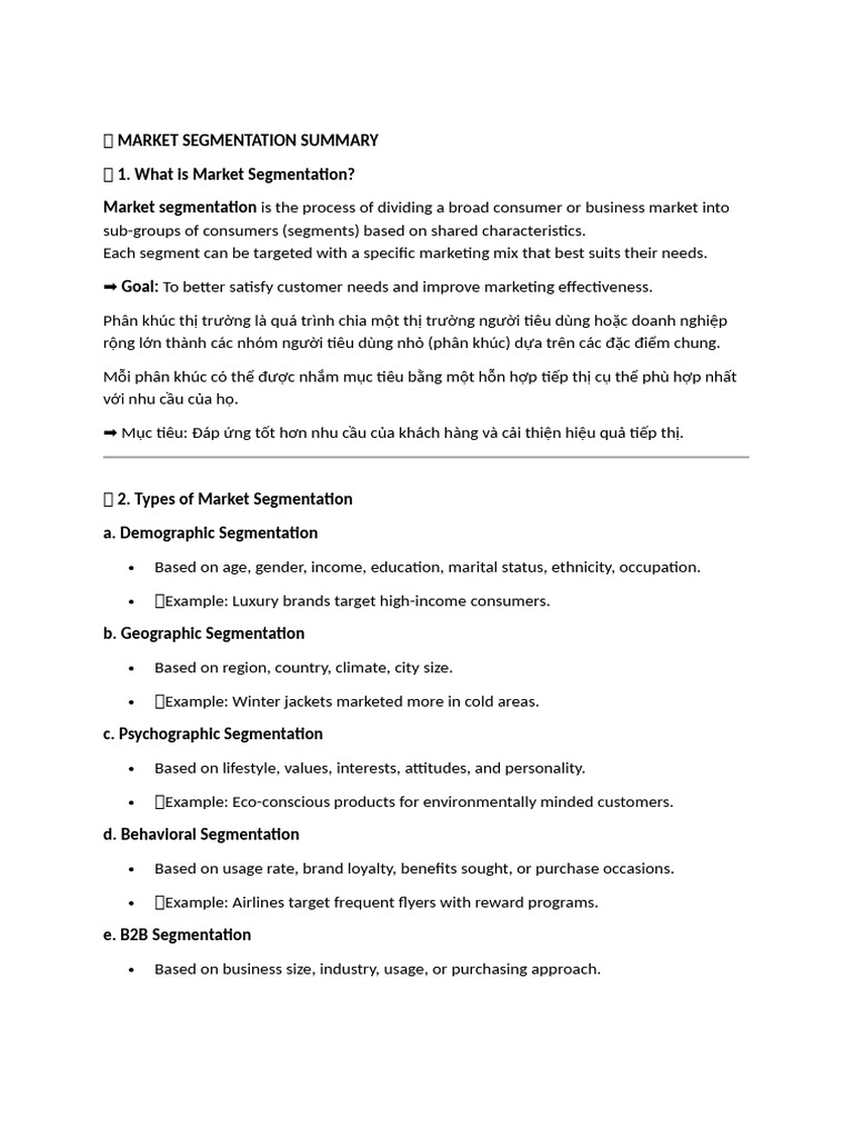 Market Segmentation Summary 1. What Is Market Segmentation? Market ...