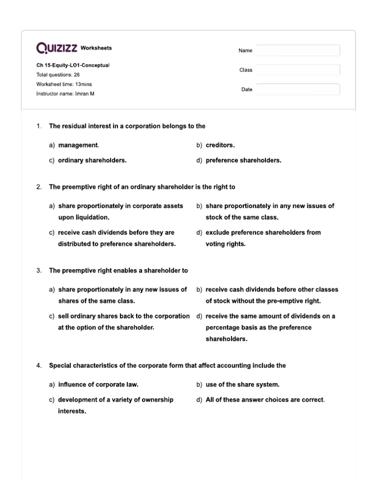 Ch.15 Equity LO1 Answer Key | PDF