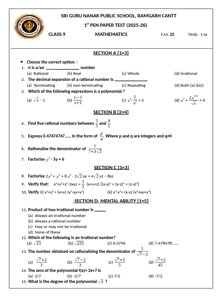 Class 9 Mathematics Test Paper 2025-26 | PDF | Numbers | Rational Number