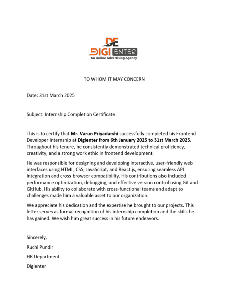 Internship Completion Certificate for Frontend Developer | PDF