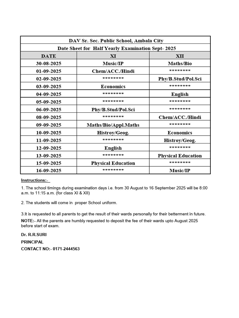 Half Yearly Exam Schedule Sept 2025 | PDF