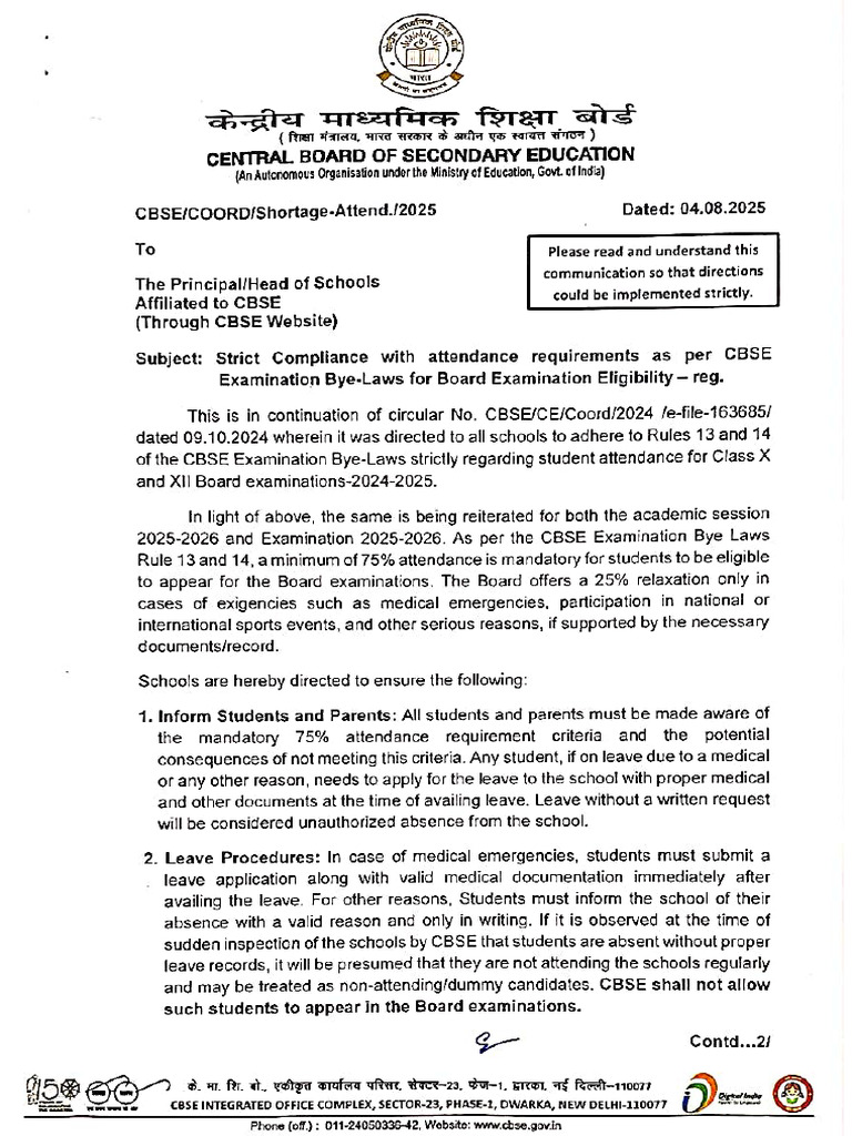 Attendance Circular CBSE | PDF