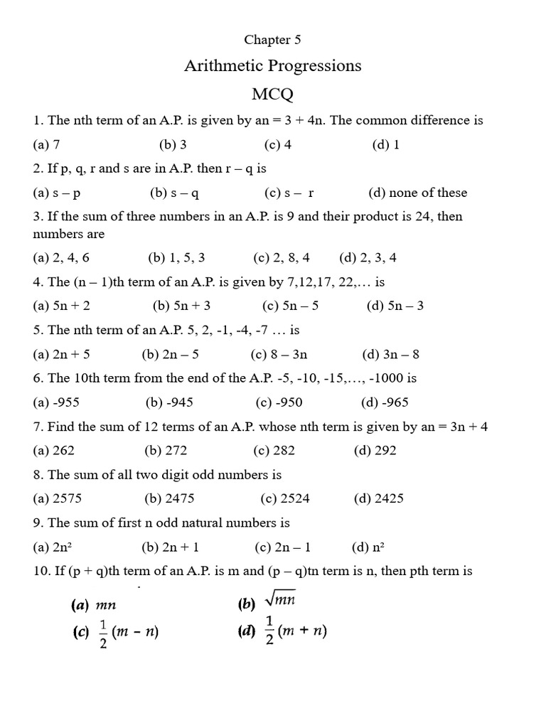 Arithmetic Progressions MCQ Practice | PDF | Elementary Mathematics ...