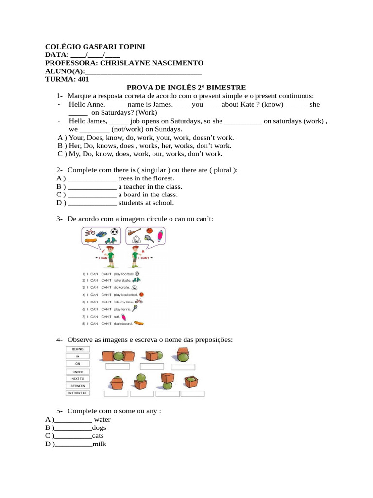 Prova de Inglês 2° Bimestre - Turma 401 | PDF