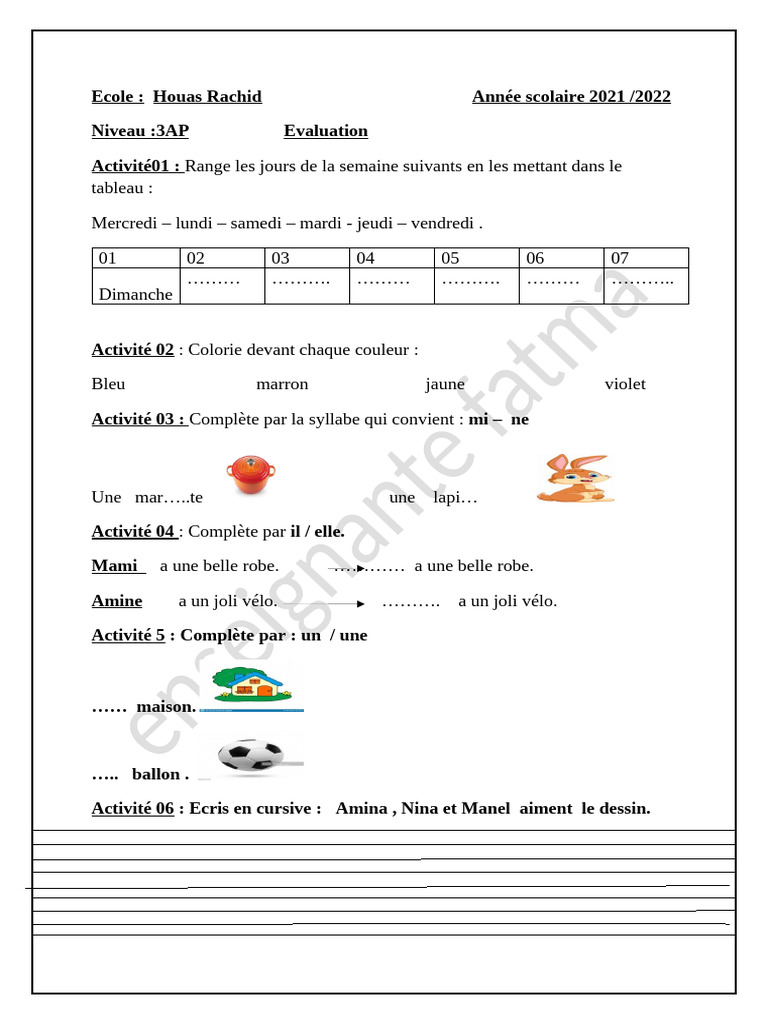 Évaluation de Français 3AP - Semaine 2021 | PDF
