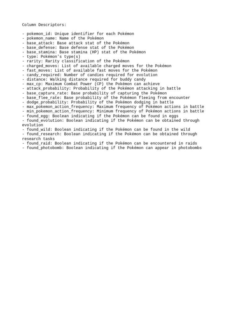 Pokemon Column Descriptors | PDF