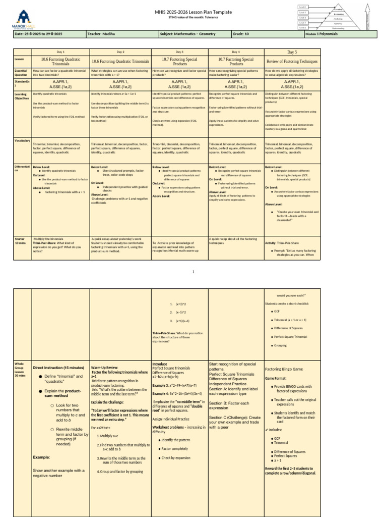 Geometry G10 LP W1 T1 2025-26 | PDF | Factorization | Polynomial