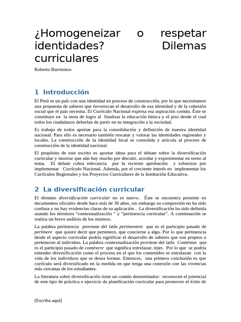 ¿Homogeneizar o Respetar Identidades? Dilemas Curriculares | PDF | Plan ...