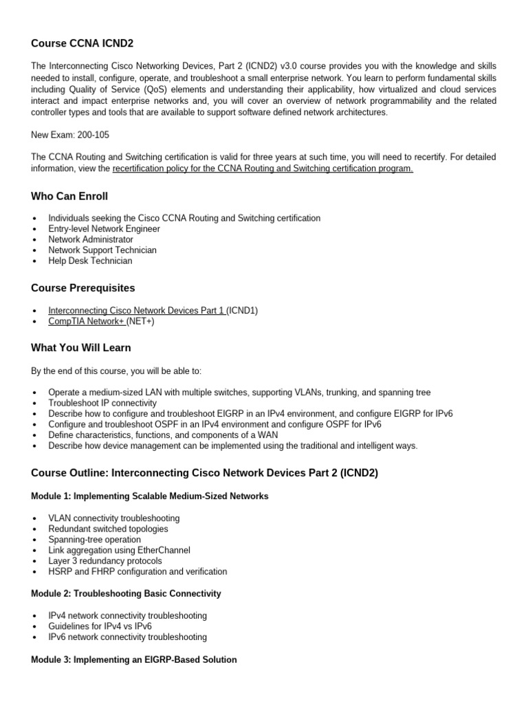 CCNA ICND2 Course Overview and Skills | PDF | Cisco Certifications ...