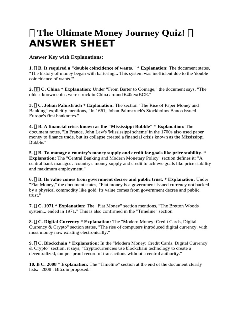 Money History Quiz Answer Key | PDF