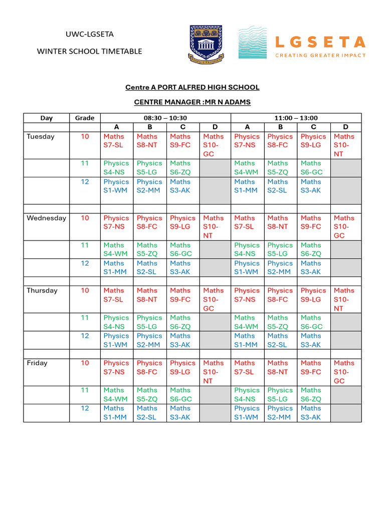 UWC Exam Timetable Overview | PDF