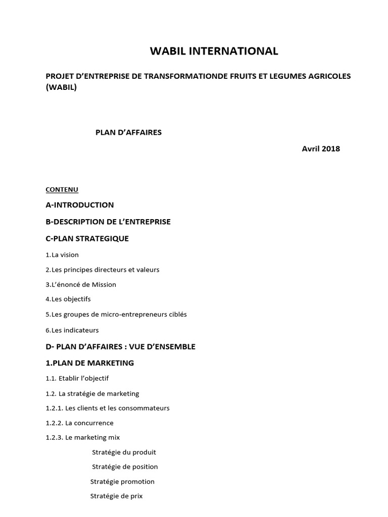 Projet Wabil : Transformation de Fruits et Légumes | PDF | Business | Prix