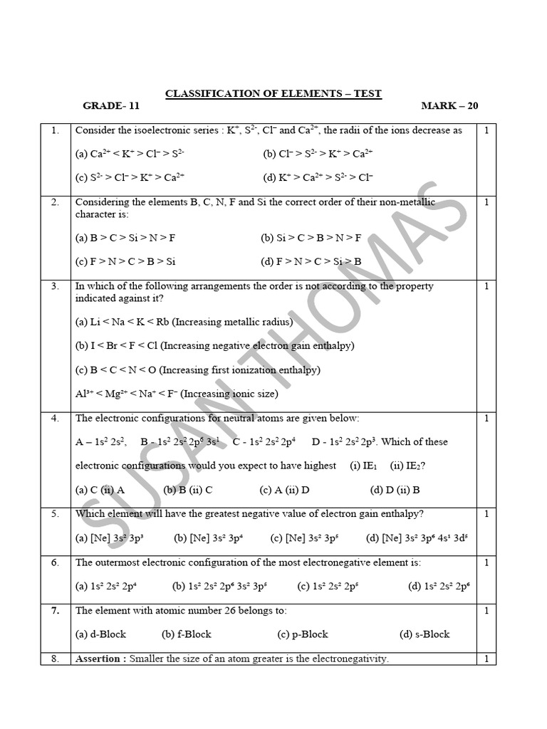 Grade 11 Elements Classification Test | PDF