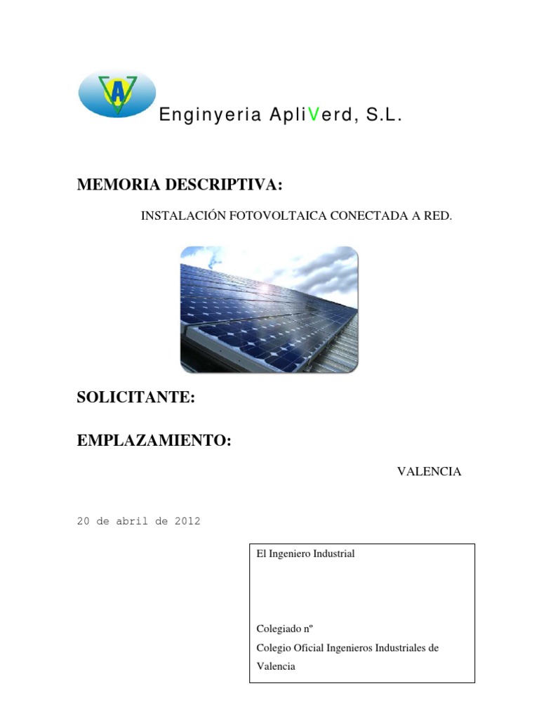 Memoria técnica instalacion fotovoltaica | Fotovoltaica | Panel solar