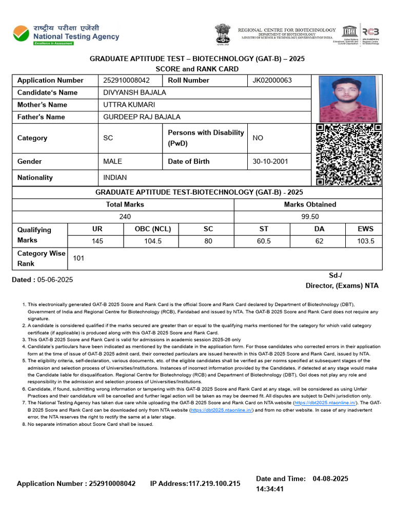 Graduate Aptitude Test of Biotechnology (GAT-B) 2025 | PDF