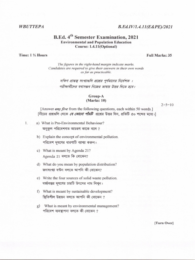 Course 1.4.11 WBUTTEPA Question Paper B.ed. Examination 2021 Part 1 | PDF