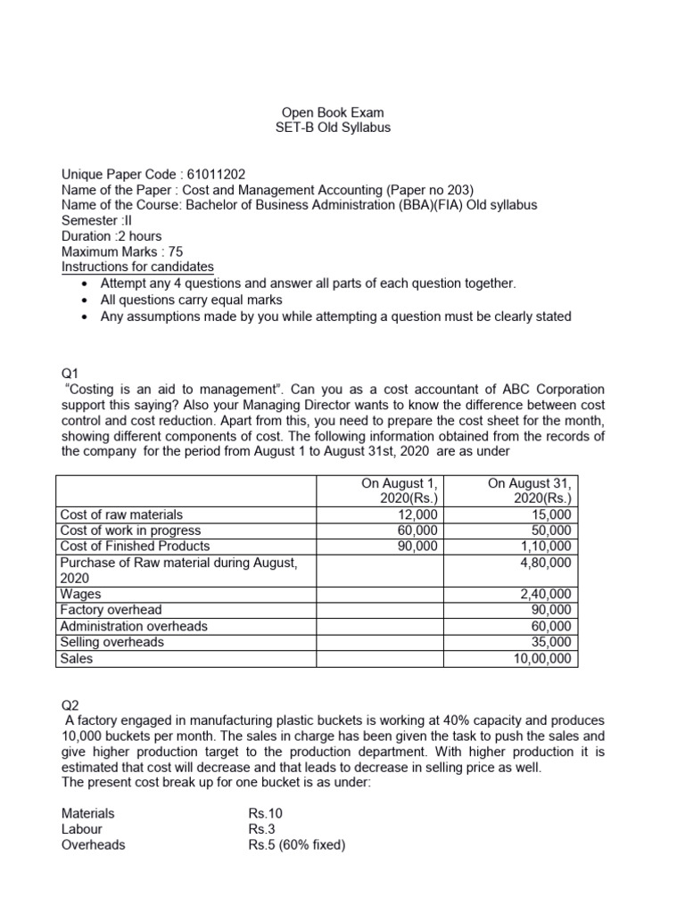 Cost and Management Accounting Exam Guide | PDF | Economies | Economics