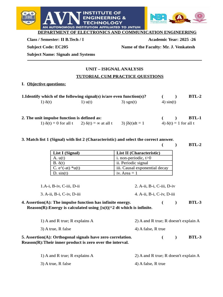 Signals and Systems Practice Questions | PDF | Fourier Series | Basis ...